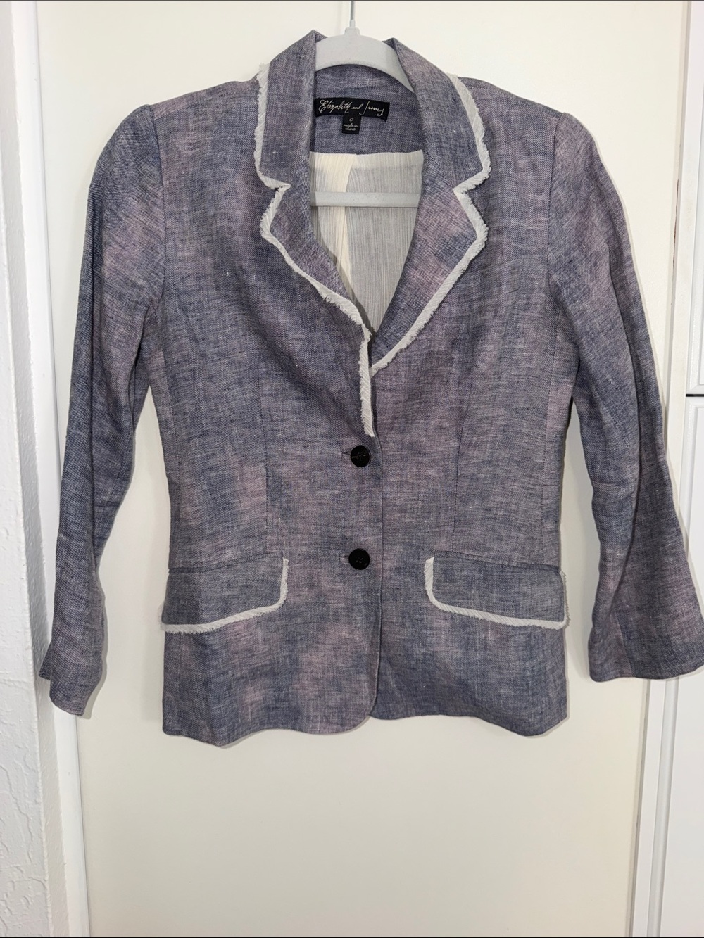 Elizabeth and James Linen Blue Watercolor Blazer with White Fringe Trim | 0